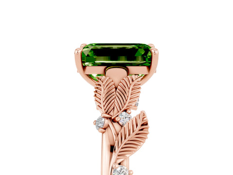 Rose gold Emerald Cut Peridot Solitaire Ring with Leaf Motif Band and Four-Prong Setting_5