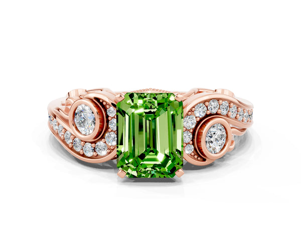 Rose gold Emerald Cut Peridot Solitaire Ring with Milgrain Pavé Band and Four-Prong Setting