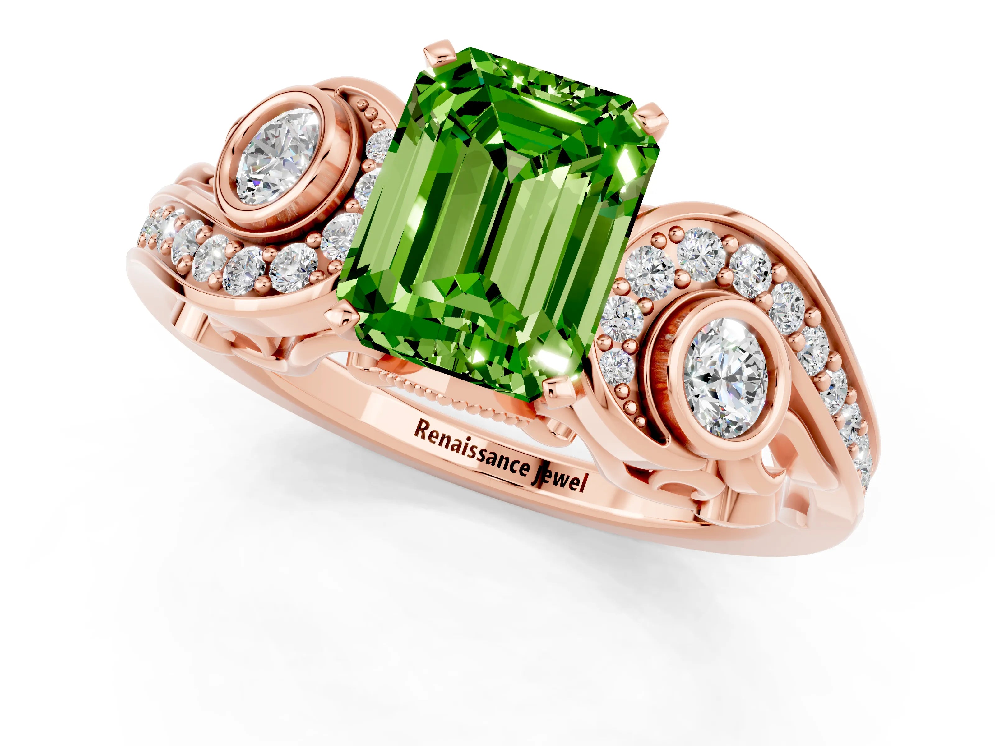 Rose gold Emerald Cut Peridot Solitaire Ring with Milgrain Pavé Band and Four-Prong Setting_25