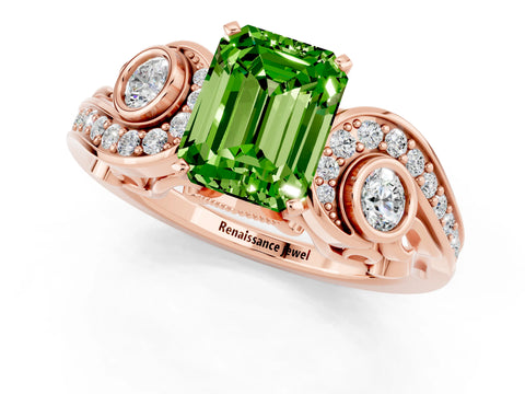 Rose gold Emerald Cut Peridot Solitaire Ring with Milgrain Pavé Band and Four-Prong Setting_25