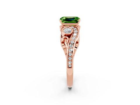 Rose gold Emerald Cut Peridot Solitaire Ring with Milgrain Pavé Band and Four-Prong Setting_26