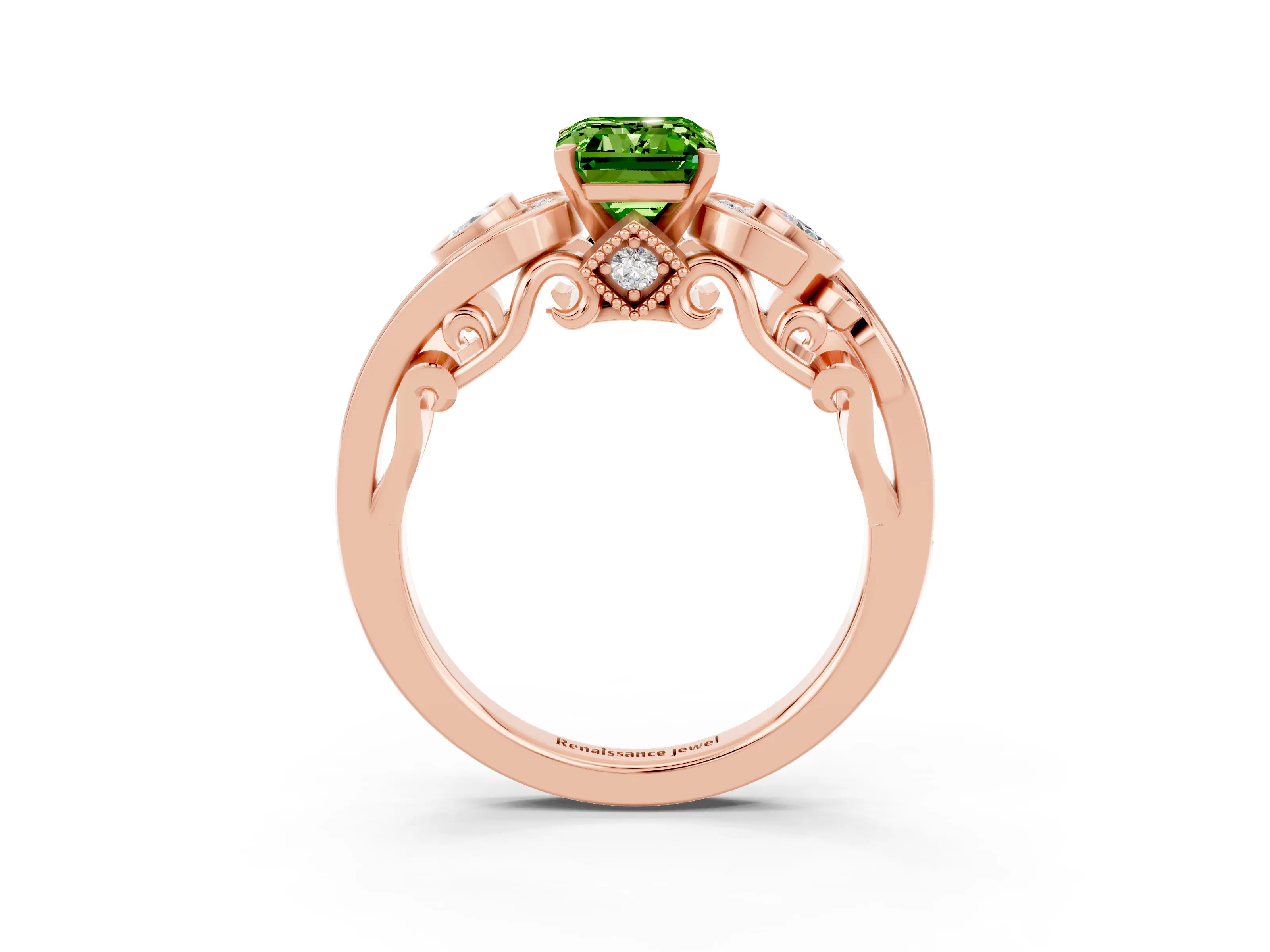 Rose gold Emerald Cut Peridot Solitaire Ring with Milgrain Pavé Band and Four-Prong Setting_27