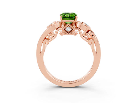 Rose gold Emerald Cut Peridot Solitaire Ring with Milgrain Pavé Band and Four-Prong Setting_27