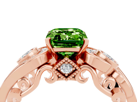 Rose gold Emerald Cut Peridot Solitaire Ring with Milgrain Pavé Band and Four-Prong Setting_28