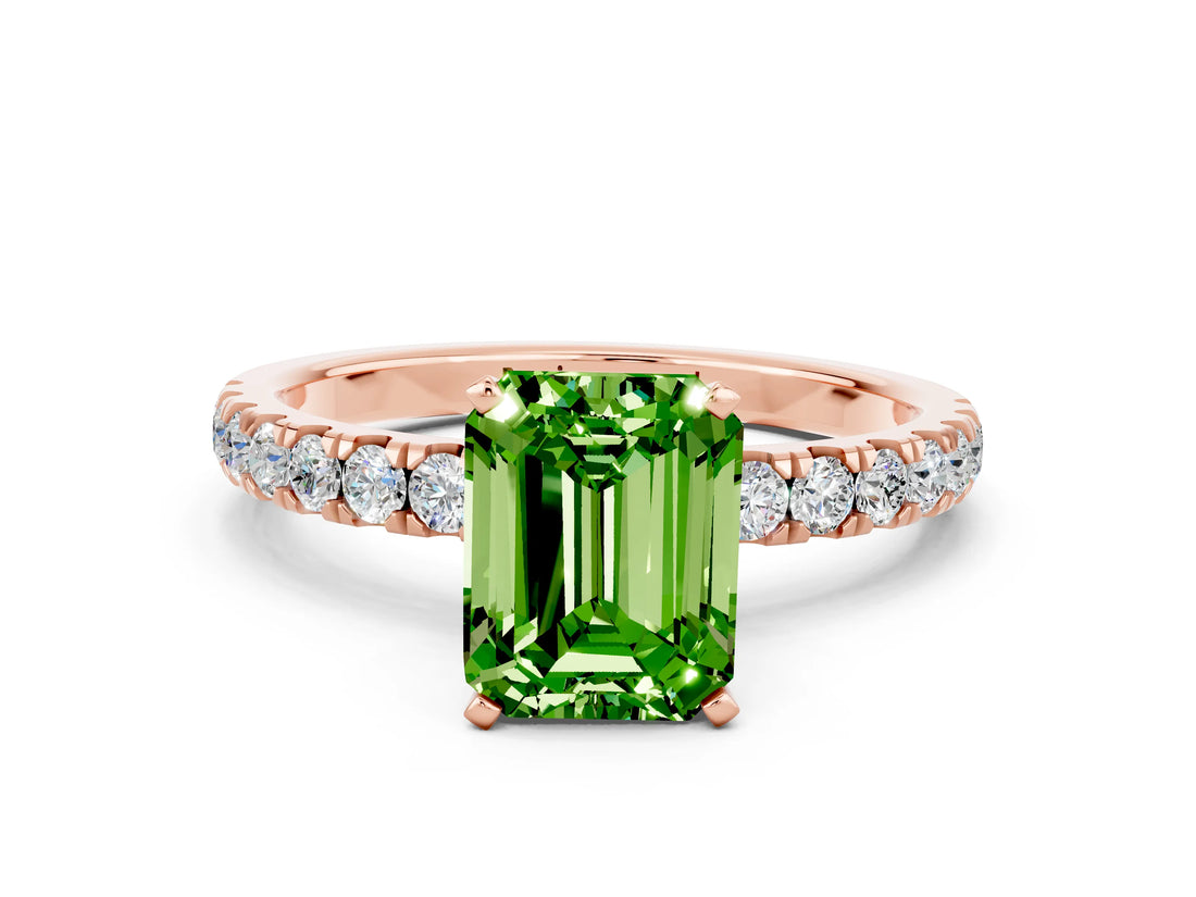 Rose gold Emerald Cut Peridot Solitaire Ring with Pavé Accents and Four-Prong Setting