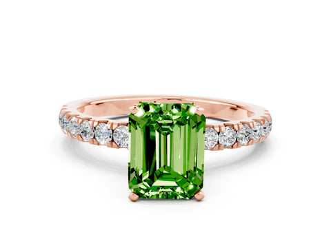 Rose gold Emerald Cut Peridot Solitaire Ring with Pavé Accents and Four-Prong Setting