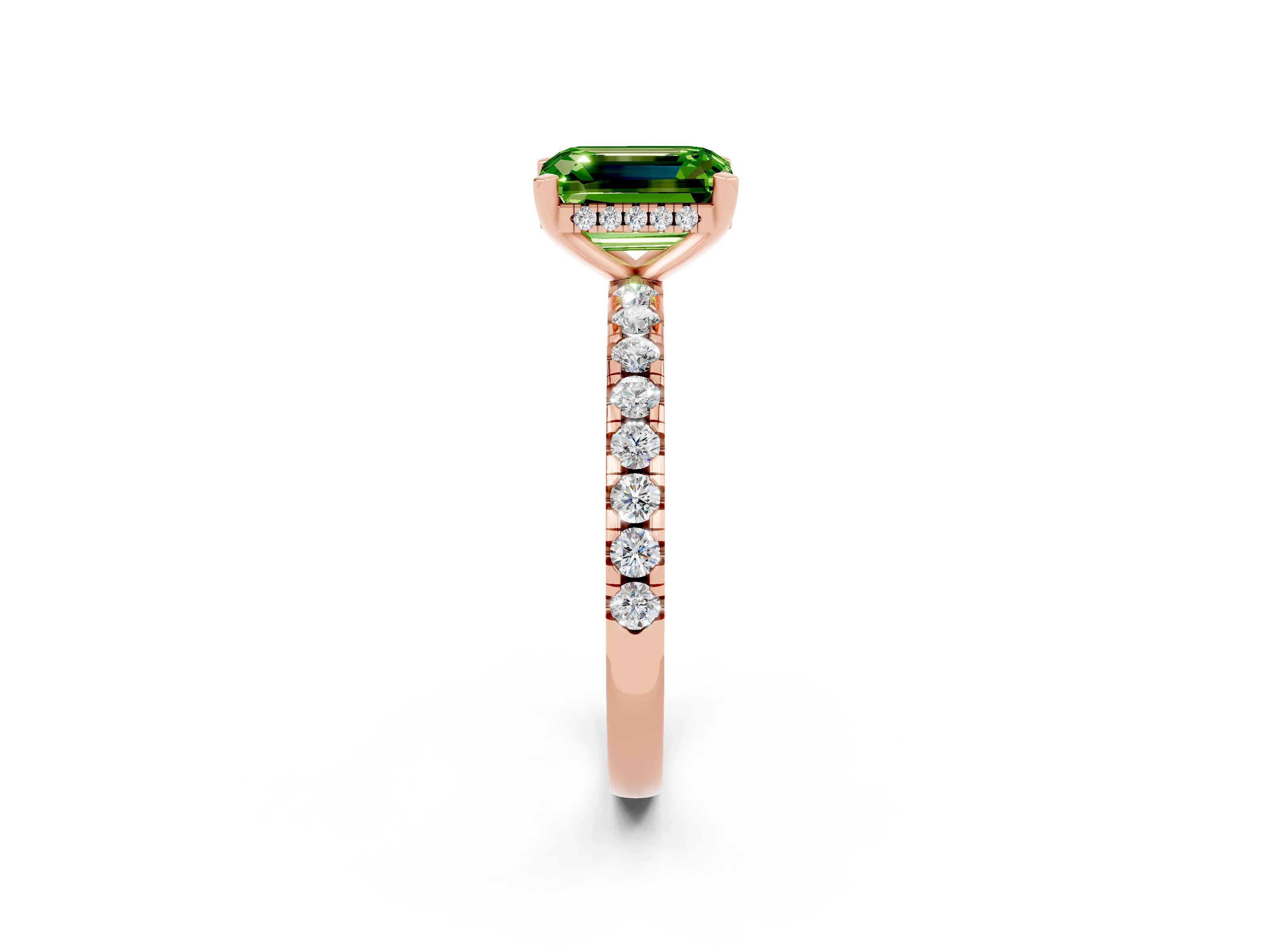 Rose gold Emerald Cut Peridot Solitaire Ring with Pavé Band and Four-Prong Setting_26