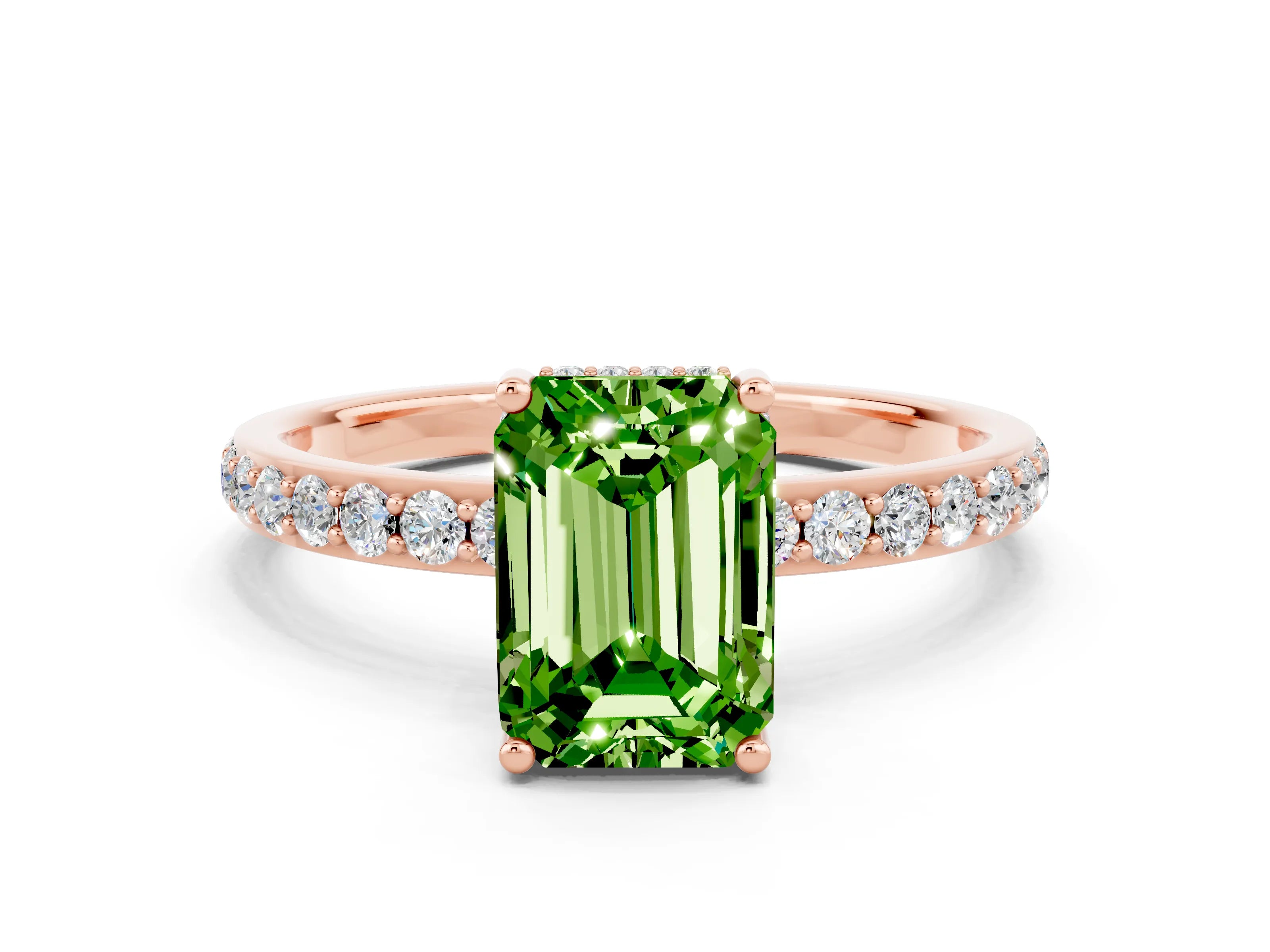 Rose gold Emerald Cut Peridot Solitaire Ring with Pavé Band and Hidden Halo_12