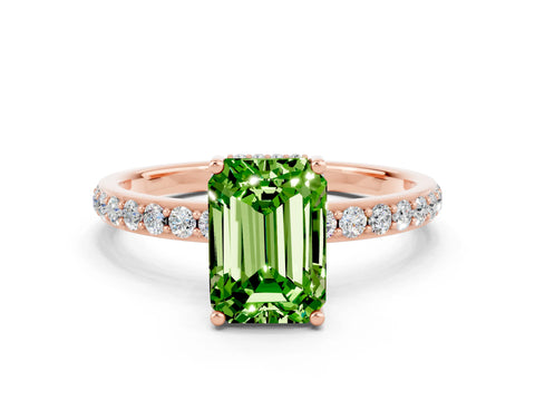 Rose gold Emerald Cut Peridot Solitaire Ring with Pavé Band and Hidden Halo_12