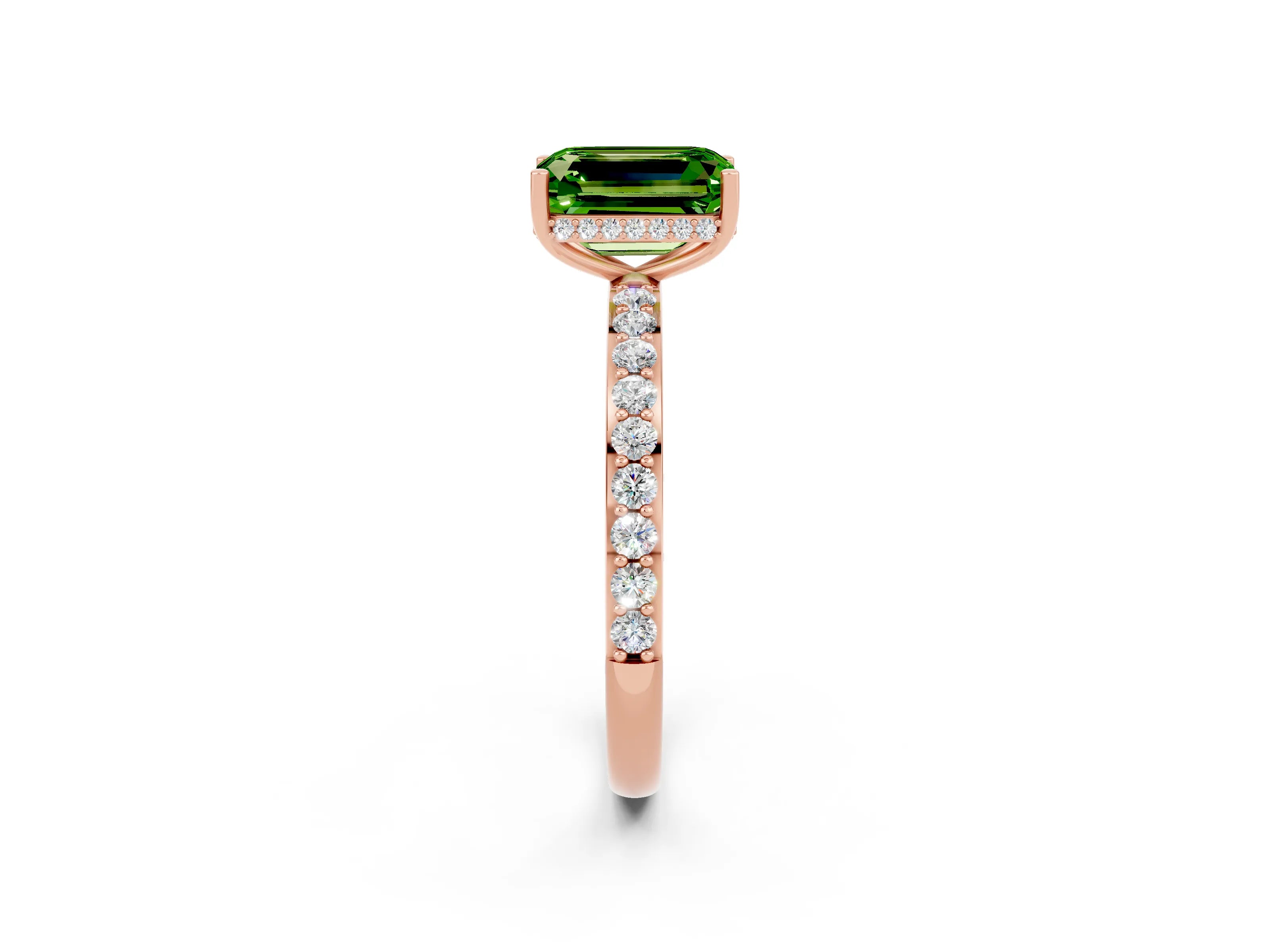 Rose gold Emerald Cut Peridot Solitaire Ring with Pavé Band and Hidden Halo_14