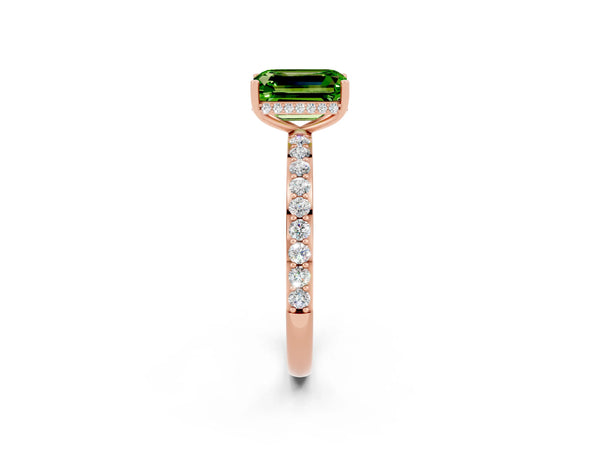 Rose gold Emerald Cut Peridot Solitaire Ring with Pavé Band and Hidden Halo