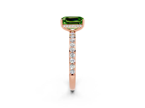 Rose gold Emerald Cut Peridot Solitaire Ring with Pavé Band and Hidden Halo_14