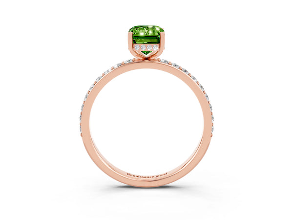 Rose gold Emerald Cut Peridot Solitaire Ring with Pavé Band and Hidden Halo