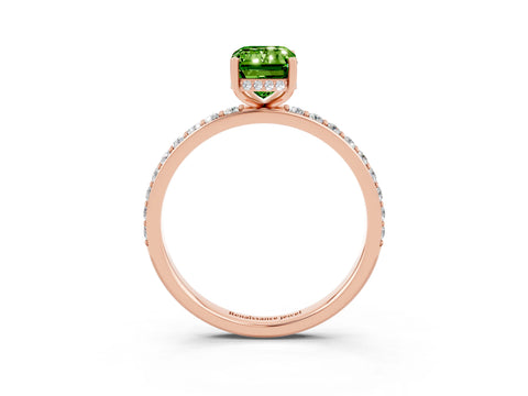 Rose gold Emerald Cut Peridot Solitaire Ring with Pavé Band and Hidden Halo_15