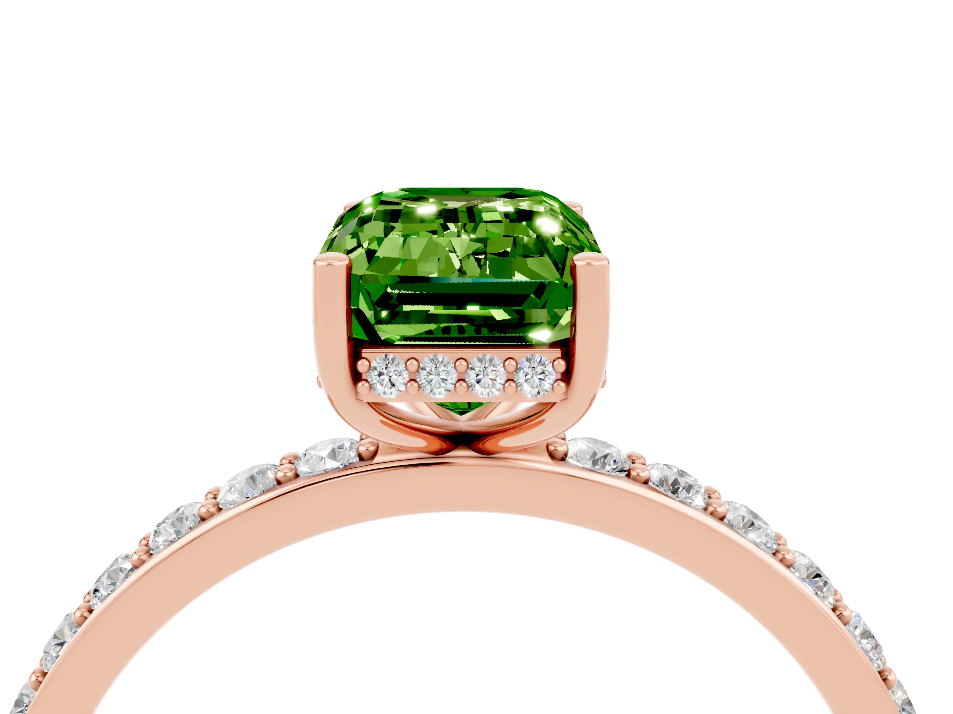 Rose gold Emerald Cut Peridot Solitaire Ring with Pavé Band and Hidden Halo_16