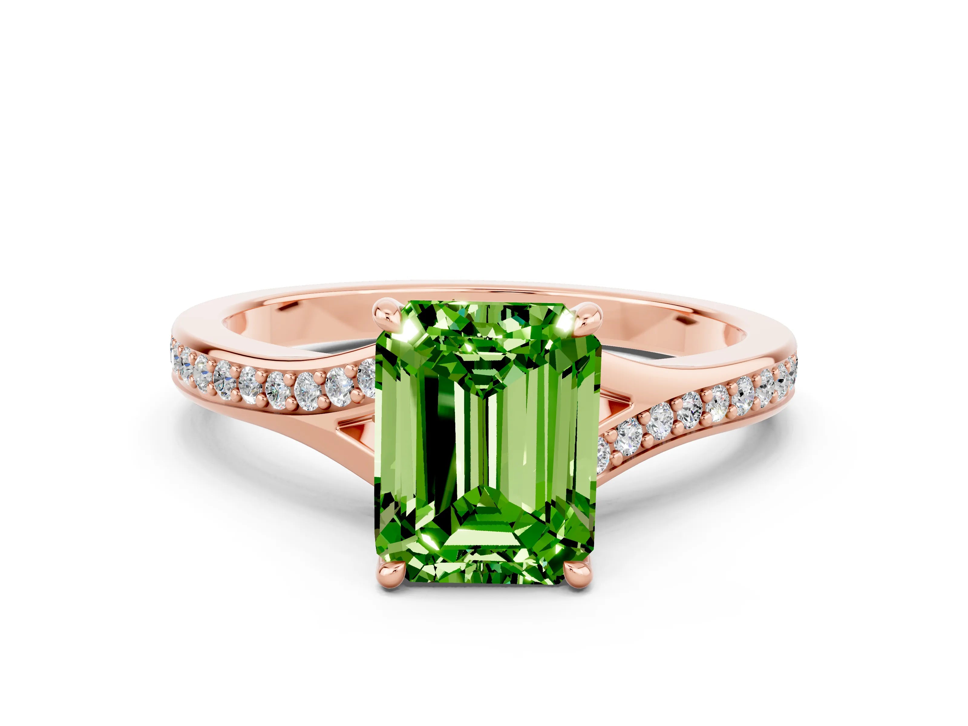 Rose gold Emerald Cut Peridot Solitaire Ring with Pavé Band and Prong Setting_24