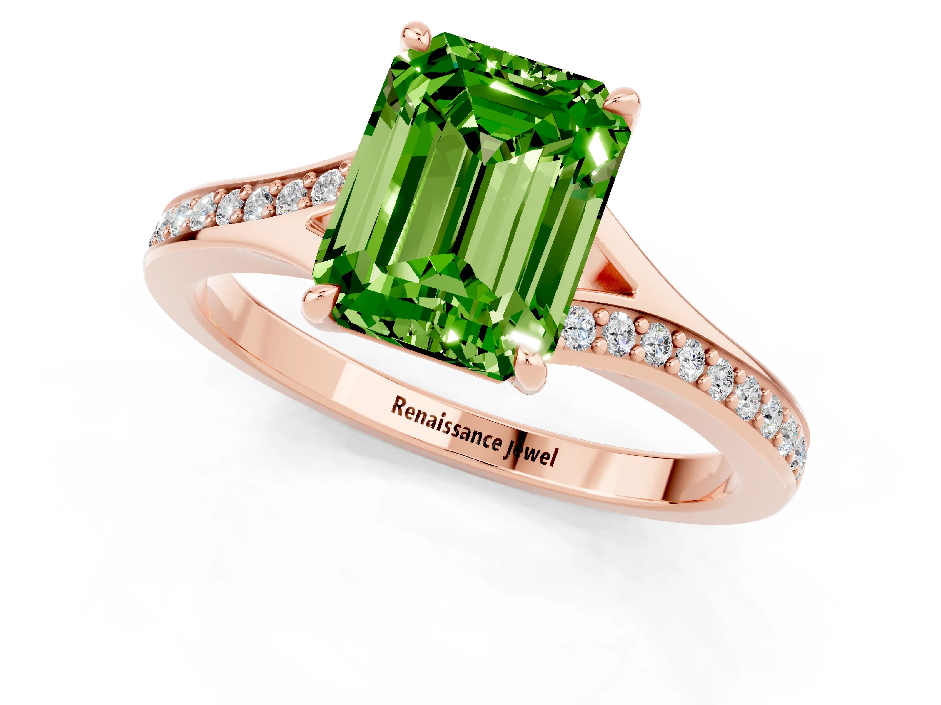 Rose gold Emerald Cut Peridot Solitaire Ring with Pavé Band and Prong Setting_25