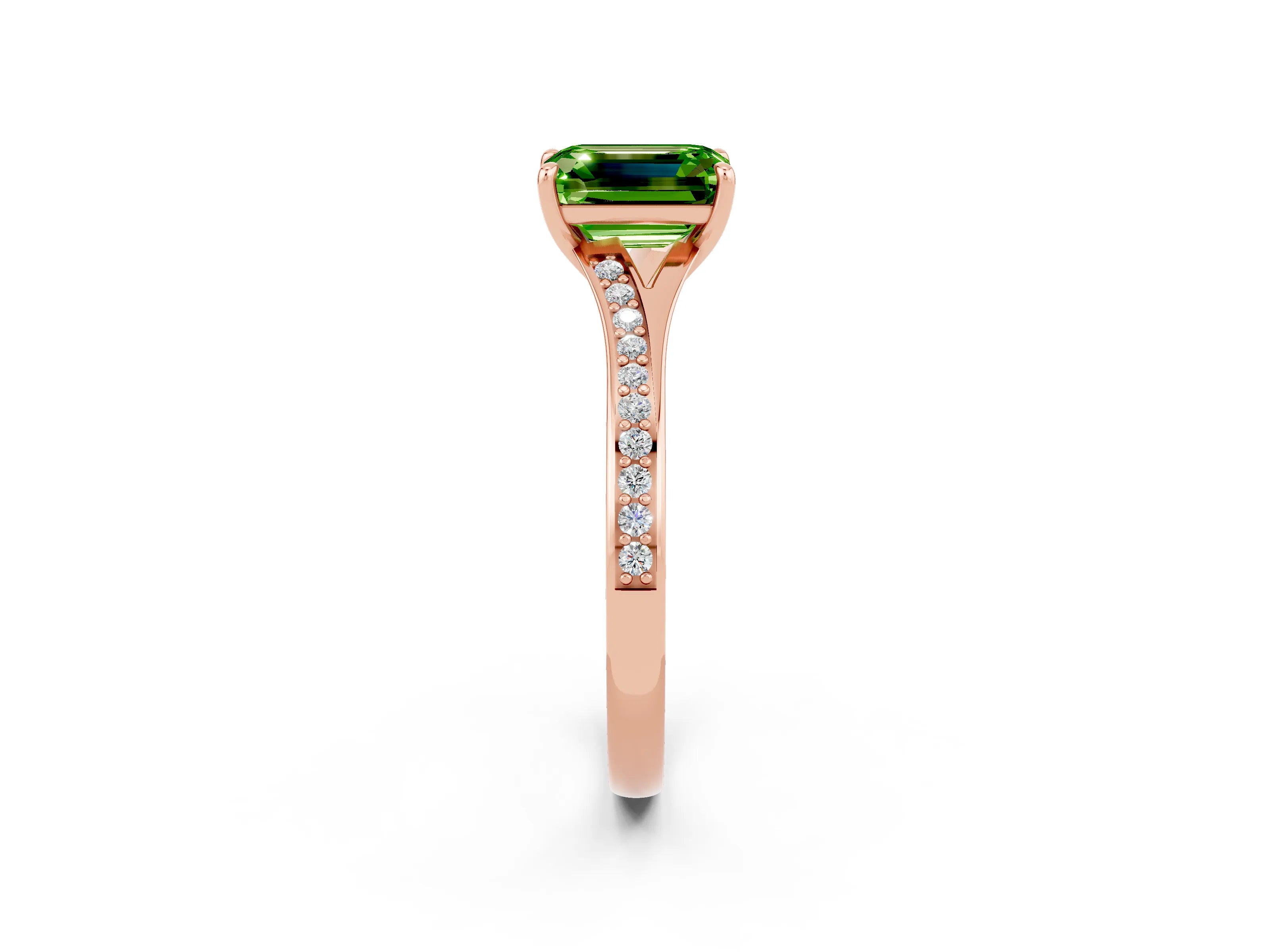 Rose gold Emerald Cut Peridot Solitaire Ring with Pavé Band and Prong Setting_26