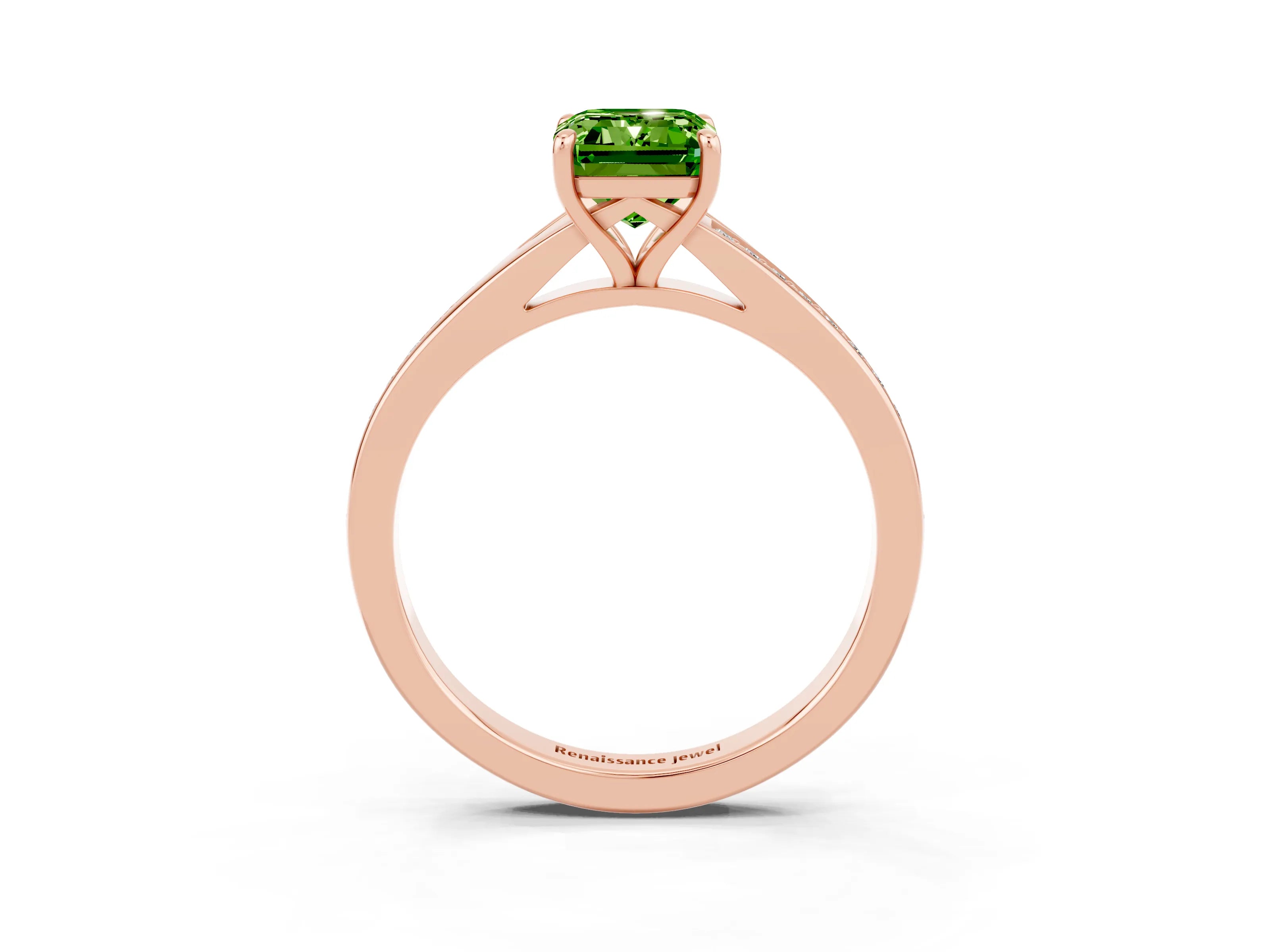 Rose gold Emerald Cut Peridot Solitaire Ring with Pavé Band and Prong Setting_27