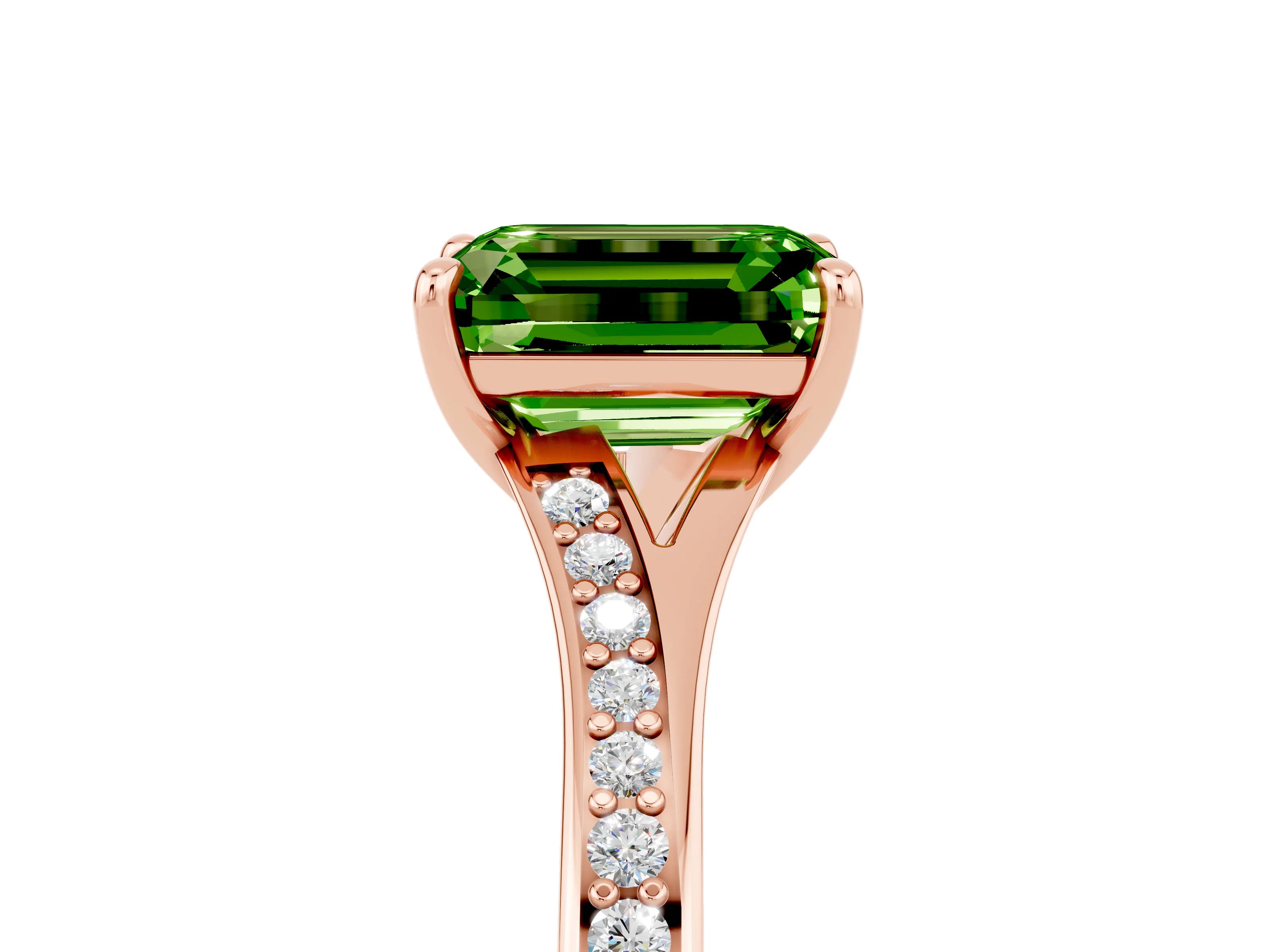 Rose gold Emerald Cut Peridot Solitaire Ring with Pavé Band and Prong Setting_29
