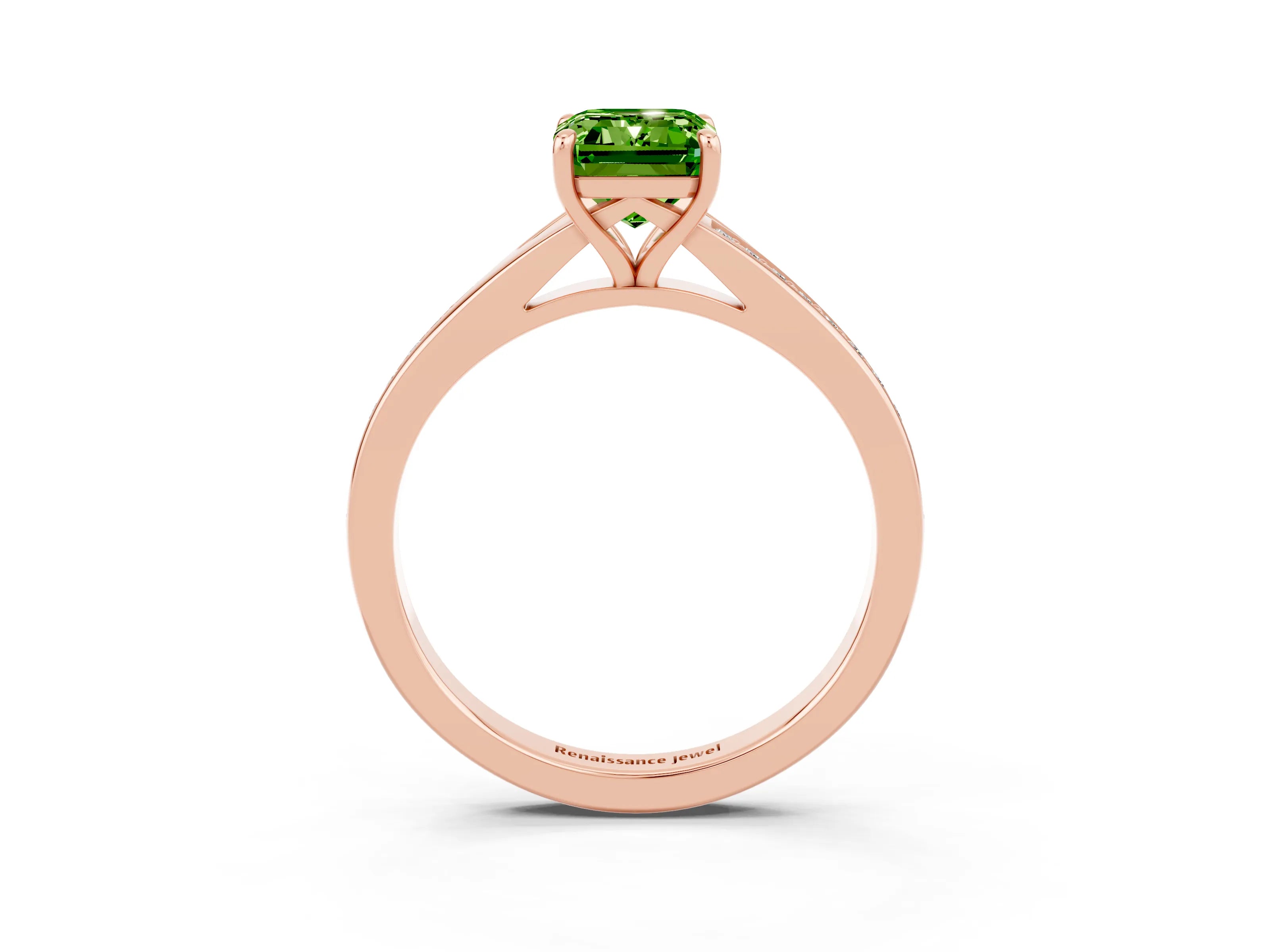 Rose gold Emerald Cut Peridot Solitaire Ring with Pavé Band and Prong Setting_3