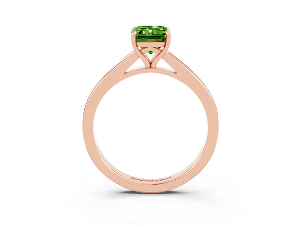 Rose gold Emerald Cut Peridot Solitaire Ring with Pavé Band and Prong Setting