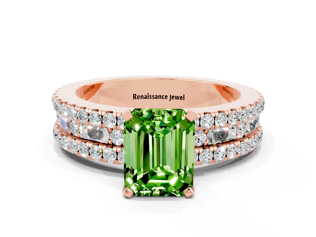 Rose gold Emerald Cut Peridot Solitaire Ring with Pavé and Channel Set Band