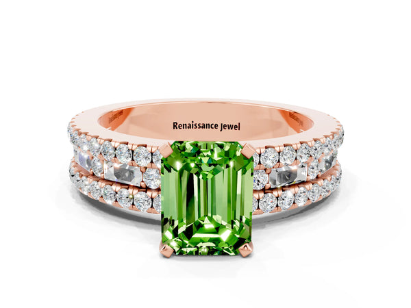 Rose gold Emerald Cut Peridot Solitaire Ring with Pavé and Channel Set Band