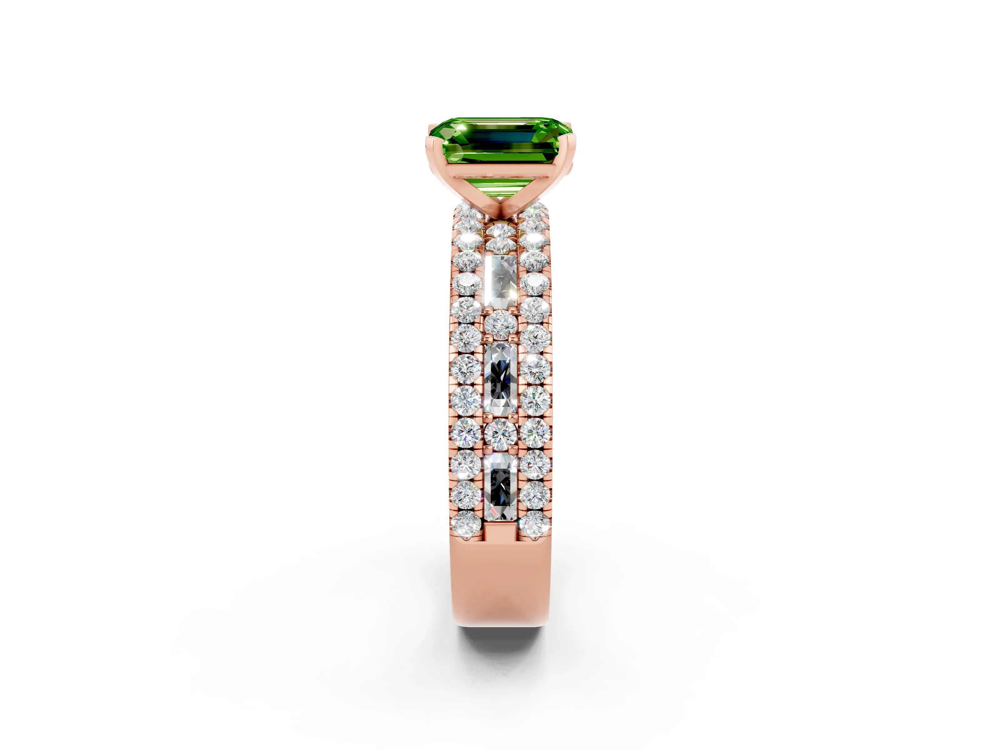Rose gold Emerald Cut Peridot Solitaire Ring with Pavé and Channel Set Band_2