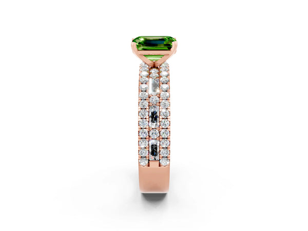 Rose gold Emerald Cut Peridot Solitaire Ring with Pavé and Channel Set Band