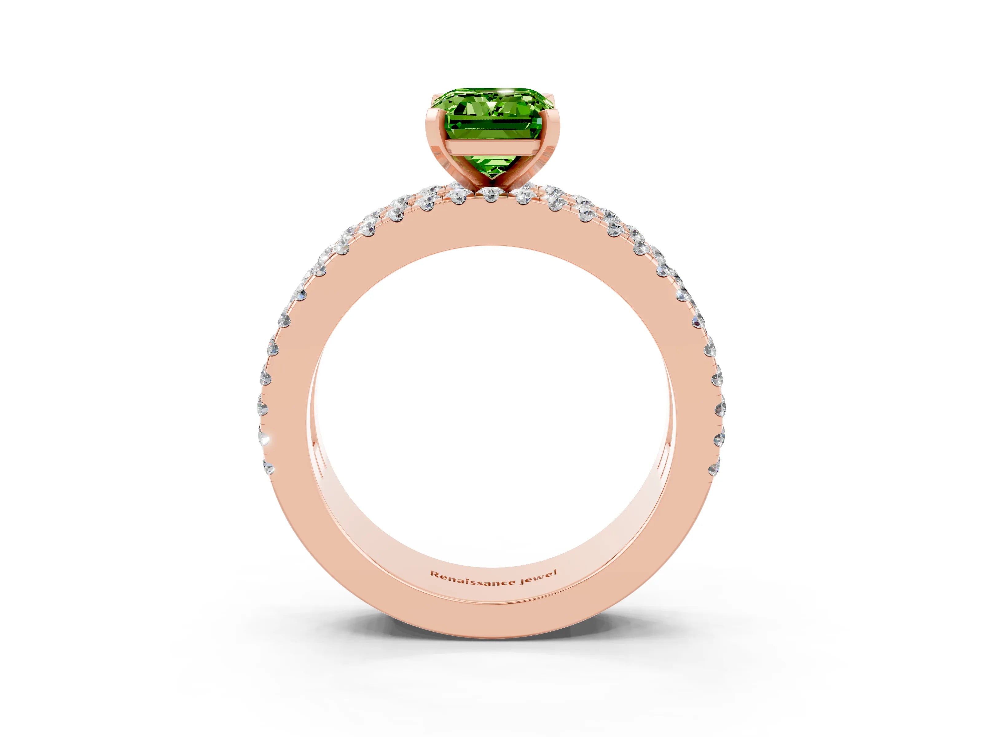 Rose gold Emerald Cut Peridot Solitaire Ring with Pavé and Channel Set Band_3