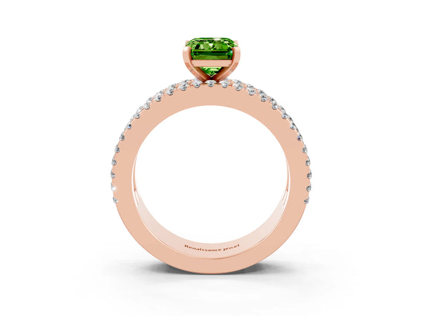 Rose gold Emerald Cut Peridot Solitaire Ring with Pavé and Channel Set Band