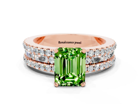 Rose gold Emerald Cut Peridot Solitaire Ring with Pavé and Channel Set Band