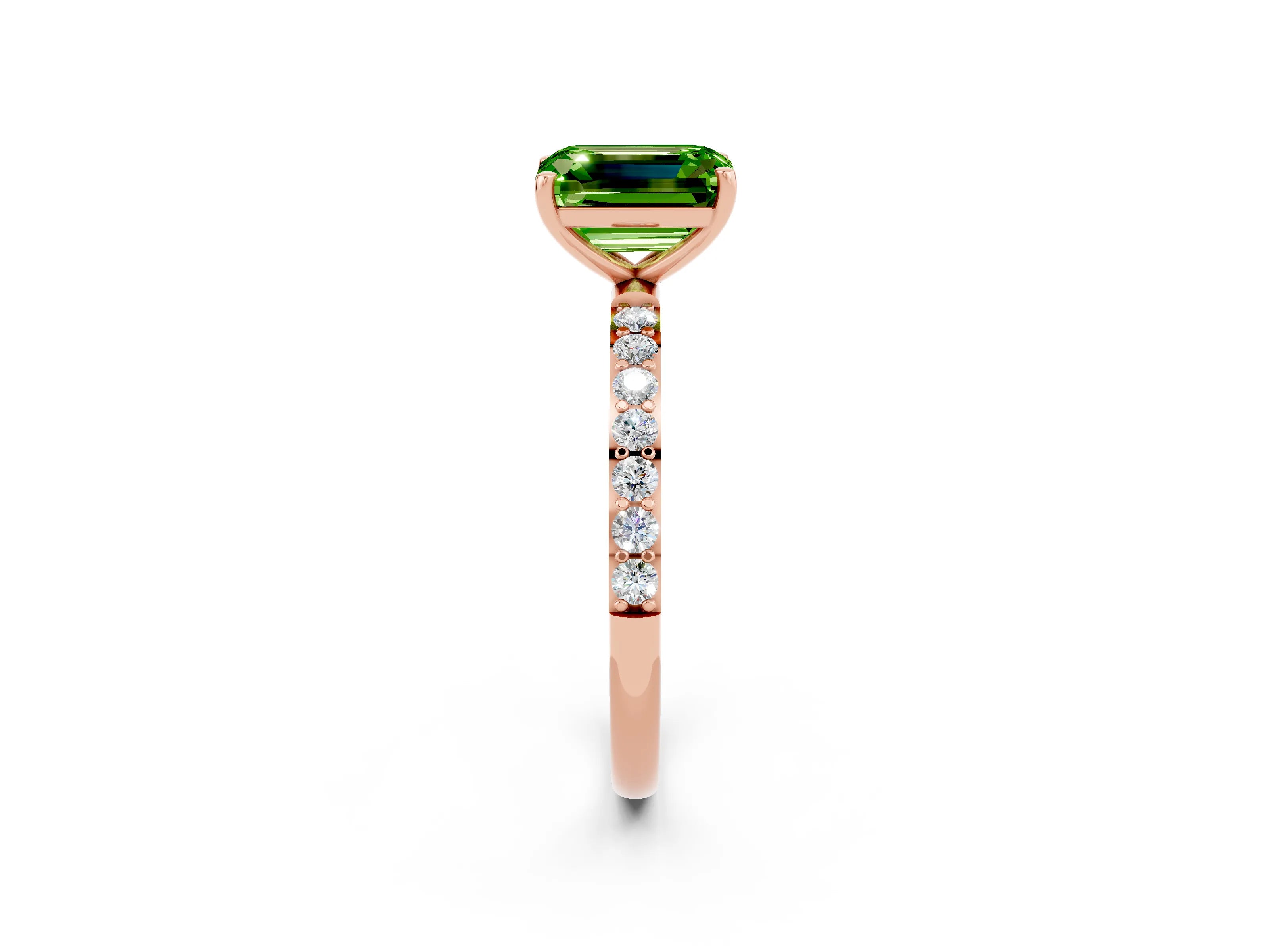 Rose gold Emerald Cut Peridot Solitaire Ring with Pave Band and Four Prong Setting_26