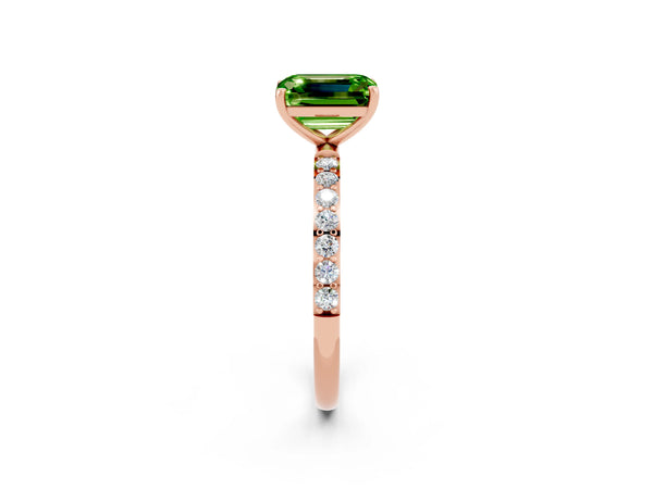 Rose gold Emerald Cut Peridot Solitaire Ring with Round  Pavé Band and Prong Setting