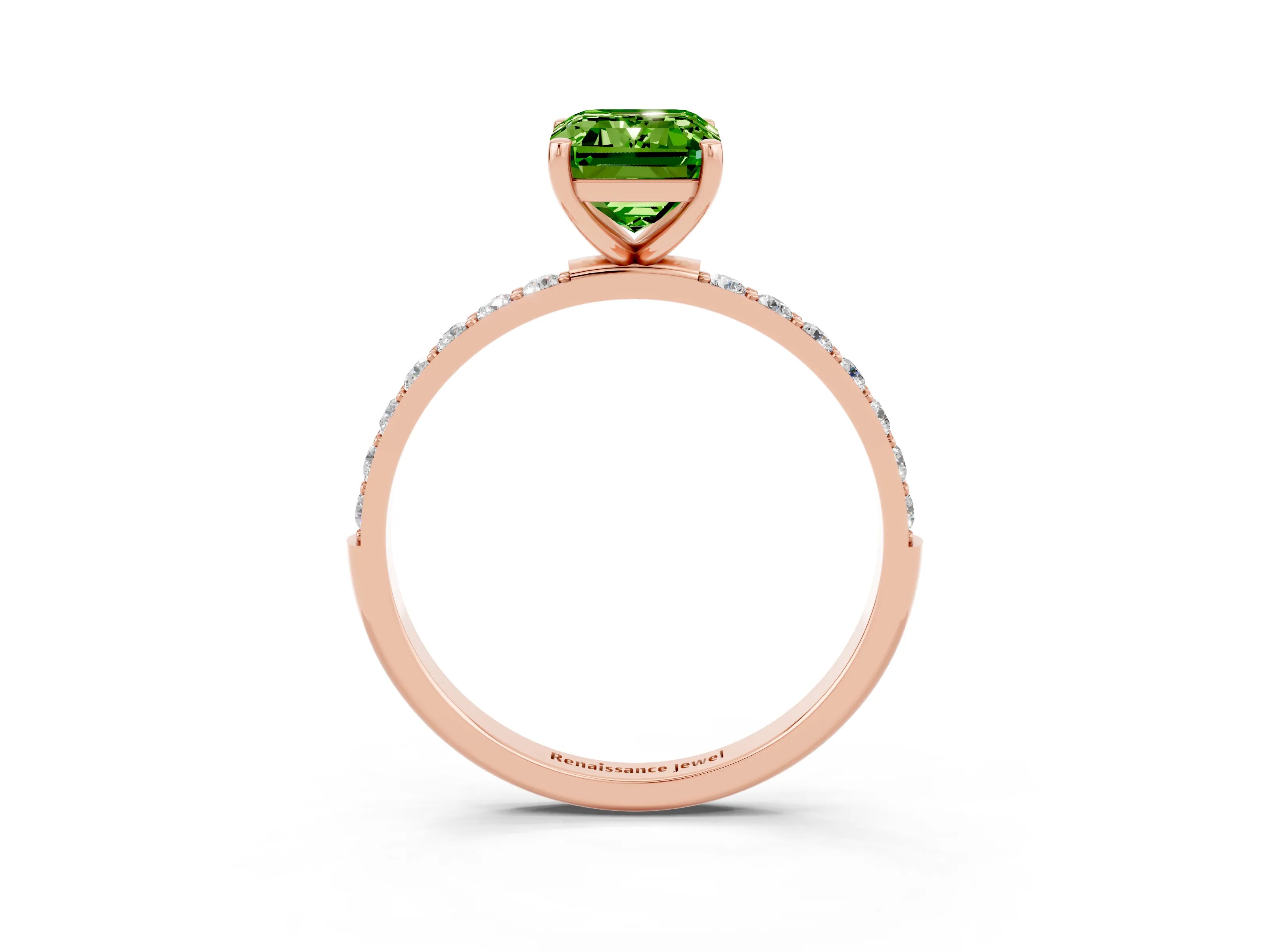 Rose gold Emerald Cut Peridot Solitaire Ring with Pave Band and Four Prong Setting_27