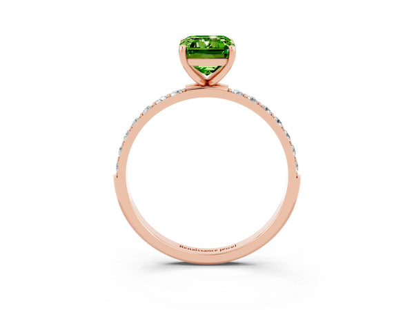 Rose gold Emerald Cut Peridot Solitaire Ring with Round  Pavé Band and Prong Setting