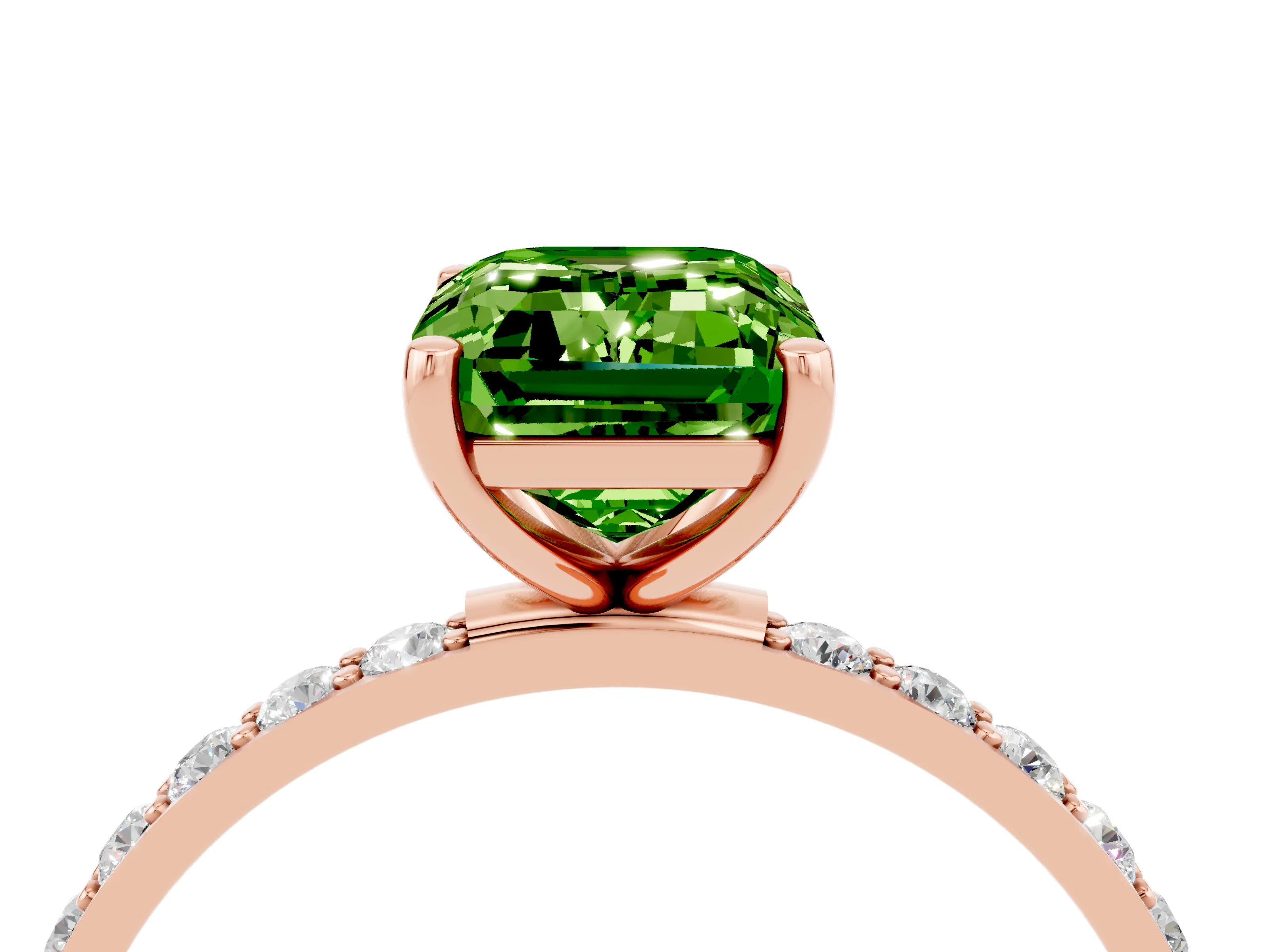 Rose gold Emerald Cut Peridot Solitaire Ring with Pave Band and Four Prong Setting_28