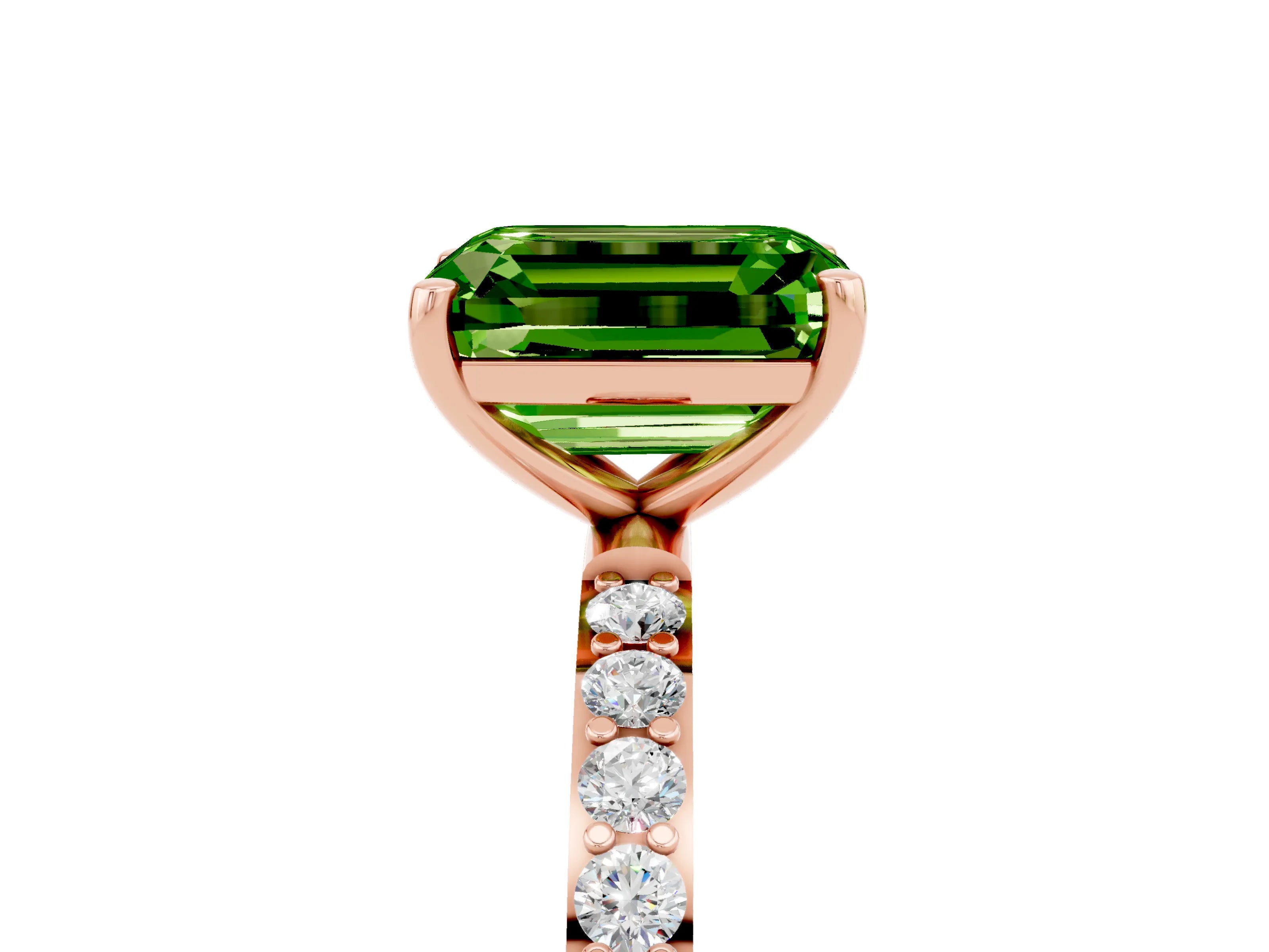 Rose gold Emerald Cut Peridot Solitaire Ring with Pave Band and Four Prong Setting_29