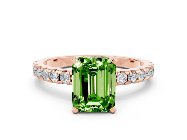 Rose gold Emerald Cut Peridot Solitaire Ring with Round  Pavé Band and Four-Prong Setting