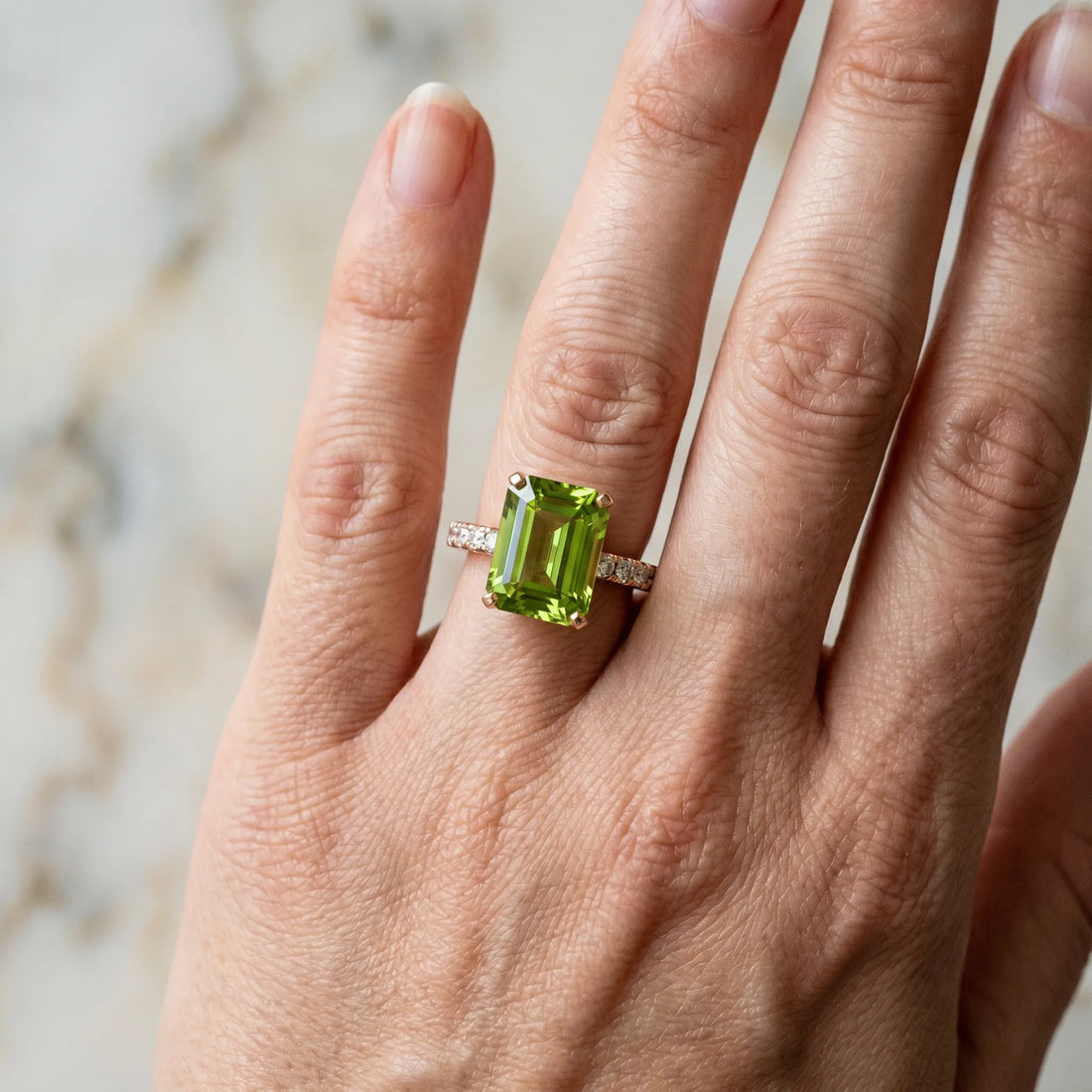 Rose gold Emerald Cut Peridot Solitaire Ring with Round  Pavé Band and Four-Prong Setting_42