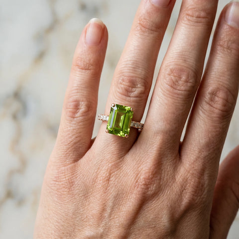 Rose gold Emerald Cut Peridot Solitaire Ring with Round  Pavé Band and Four-Prong Setting_42