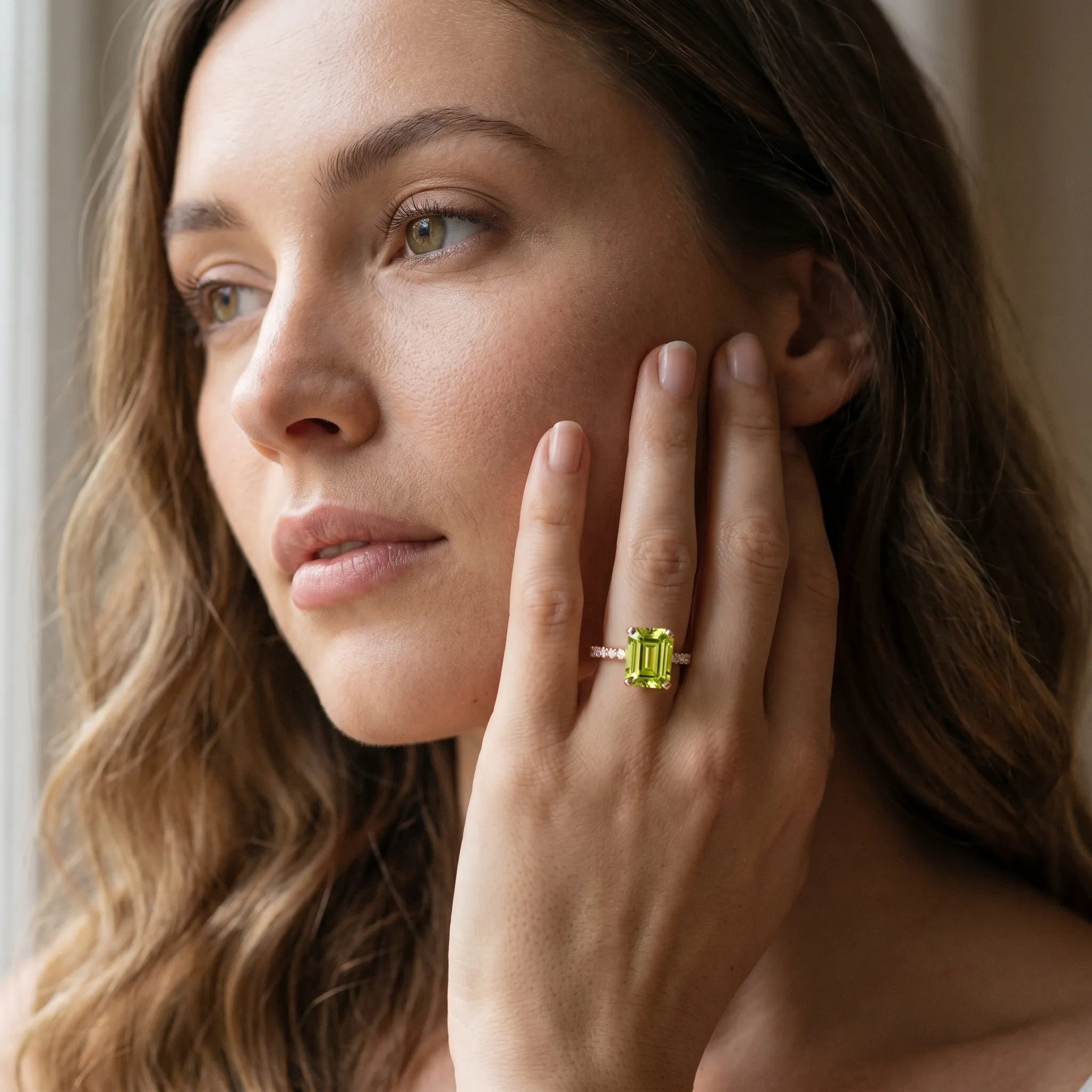 Rose gold Emerald Cut Peridot Solitaire Ring with Round  Pavé Band and Four-Prong Setting_43