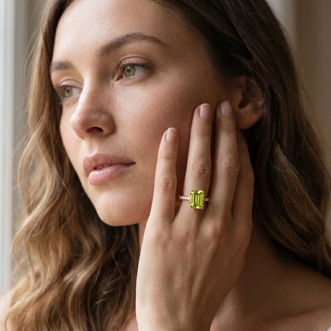 Rose gold Emerald Cut Peridot Solitaire Ring with Round  Pavé Band and Four-Prong Setting_43