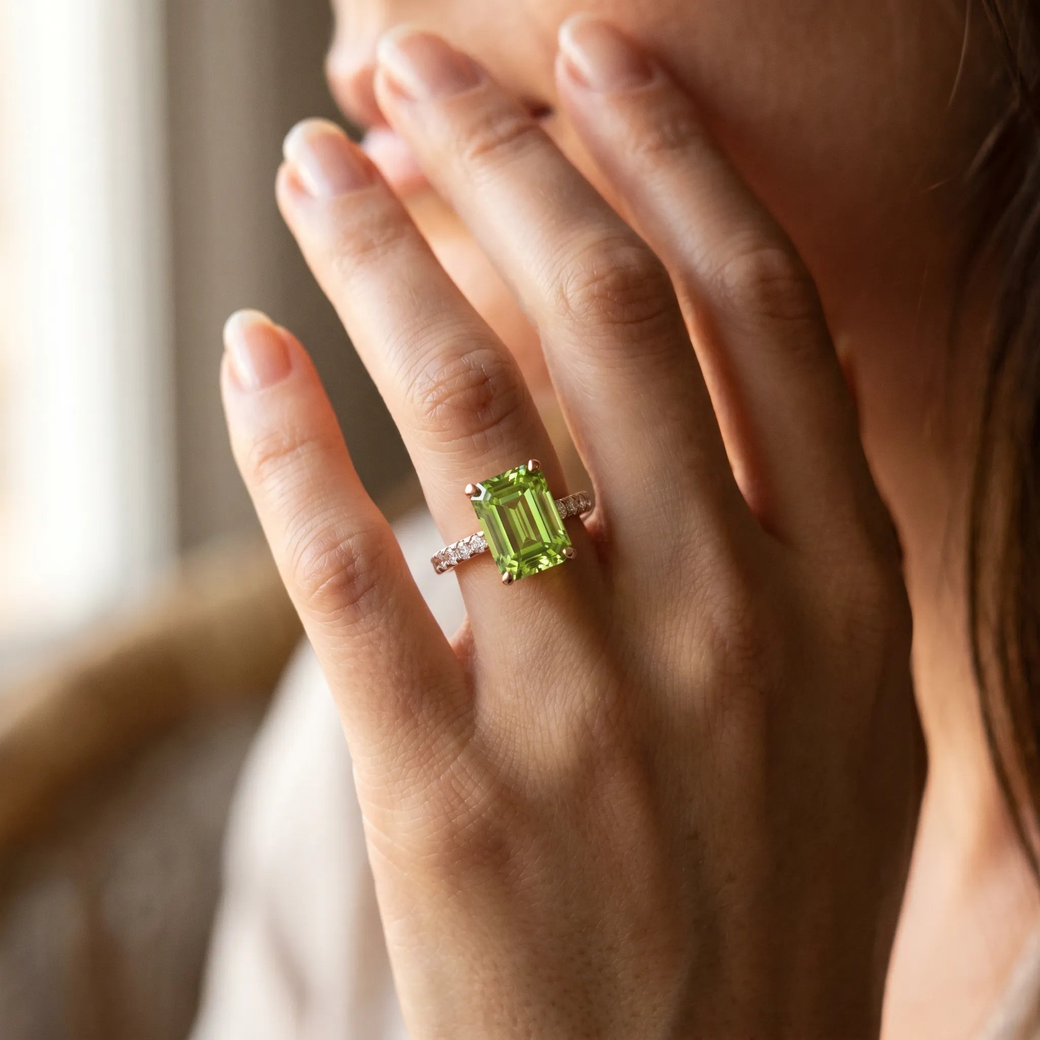 Rose gold Emerald Cut Peridot Solitaire Ring with Round  Pavé Band and Four-Prong Setting_44
