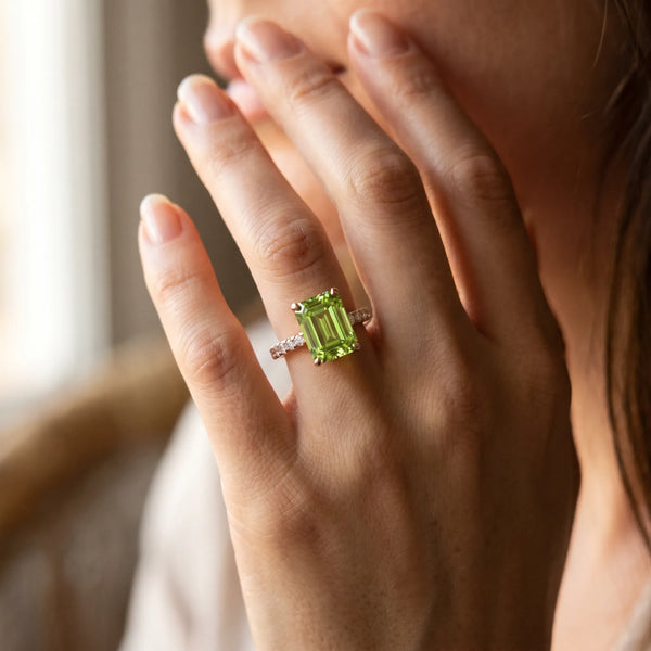 Rose gold Emerald Cut Peridot Solitaire Ring with Round  Pavé Band and Four-Prong Setting