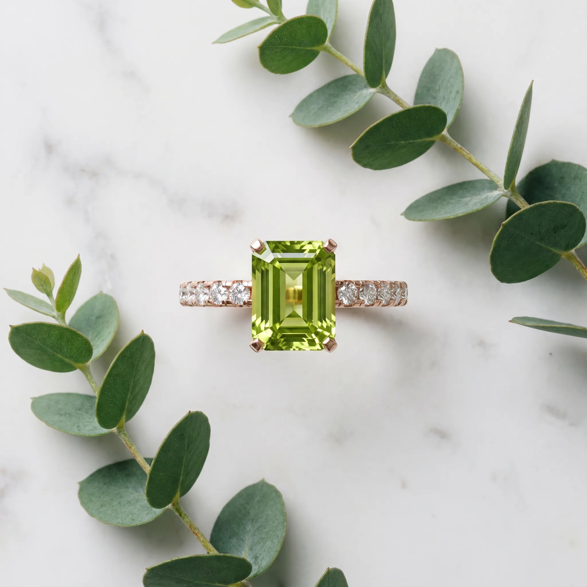 Rose gold Emerald Cut Peridot Solitaire Ring with Round  Pavé Band and Four-Prong Setting_45