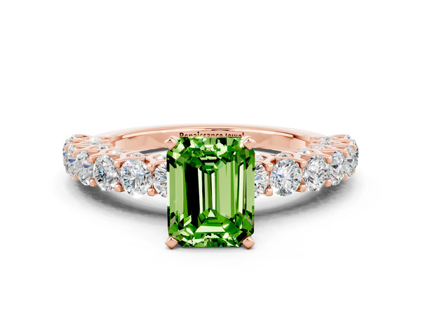 Rose gold Emerald Cut Peridot Solitaire Ring with Shared Prong Pavé Band and Four-Prong Setting
