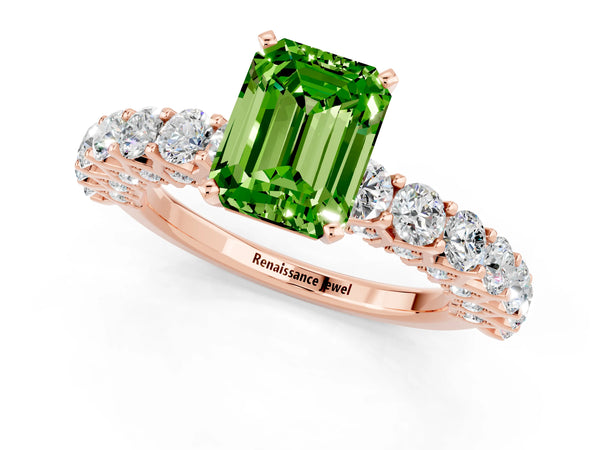 Rose gold Emerald Cut Peridot Solitaire Ring with Shared Prong Pavé Band and Four-Prong Setting