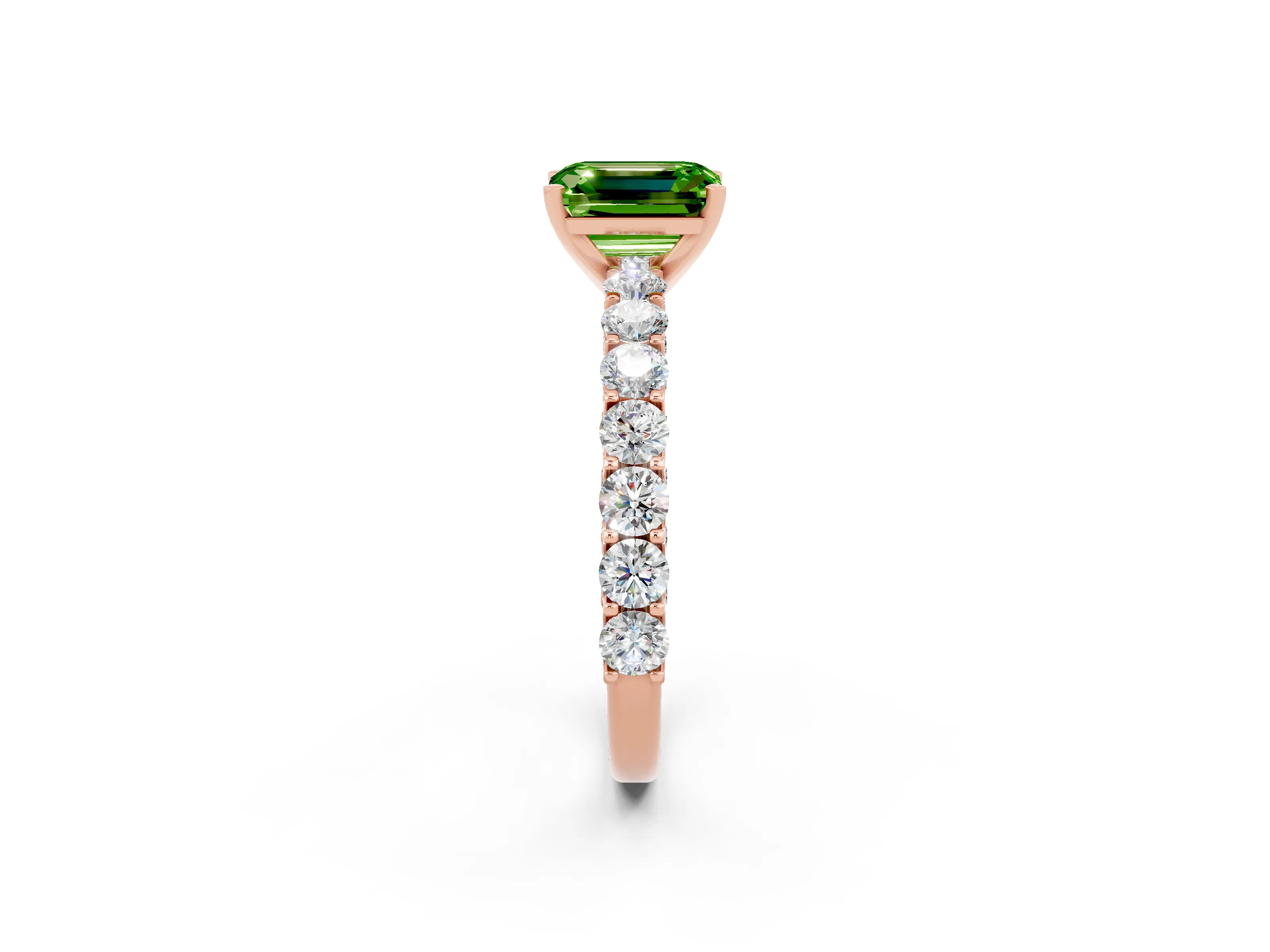 Rose gold Emerald Cut Peridot Solitaire Ring with Shared Prong Pavé Band and Four-Prong Setting_2